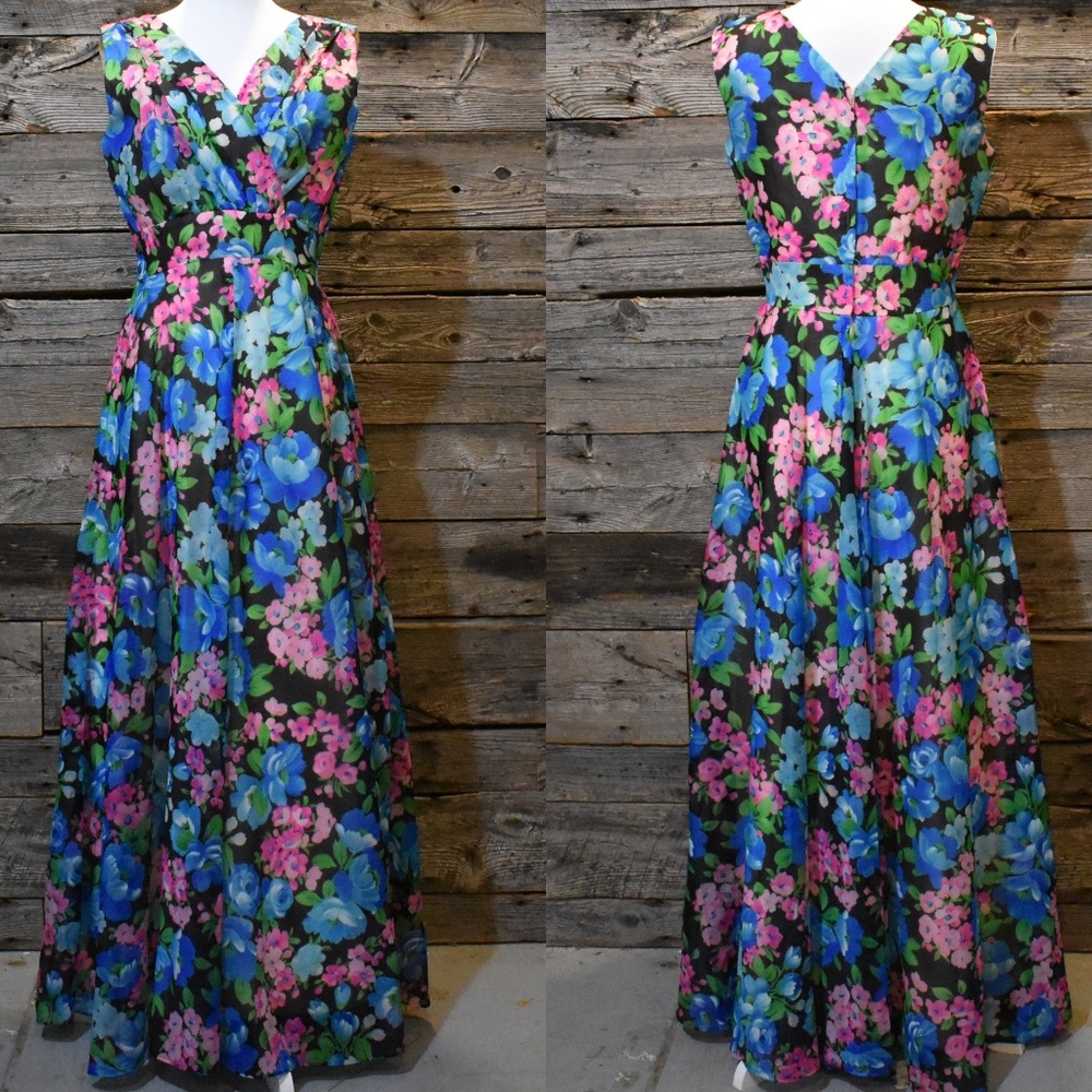 VTG Dark Floral Silk Formal Maxi Dress M/L | Wrap Front